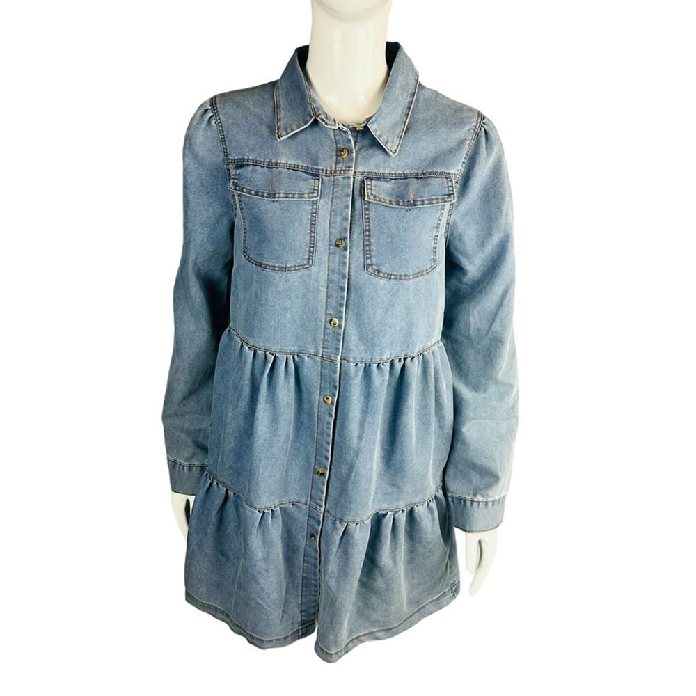 New Heyson Womans Sz Small‎ Solid Shirt Dress Long Sleeve Tiers Blue NWT